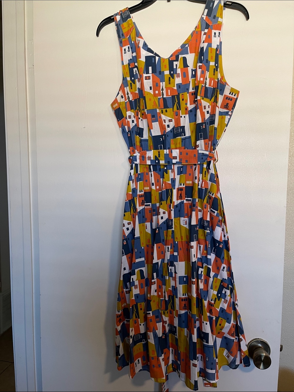 ModCloth Sleeveless Midi Dress in White, Orange, Blue & Green Building Print